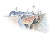 Affiche pont de Pierre Tramways Bordeaux 30x40cm Aquarelle21