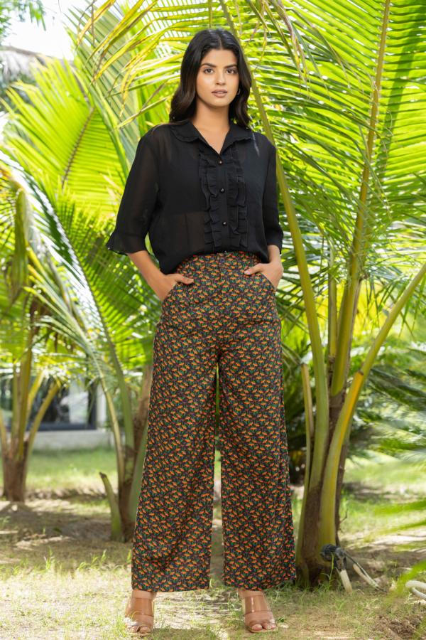 Pantalon ITO fleurs rouges ceinture ajustée pour femme
