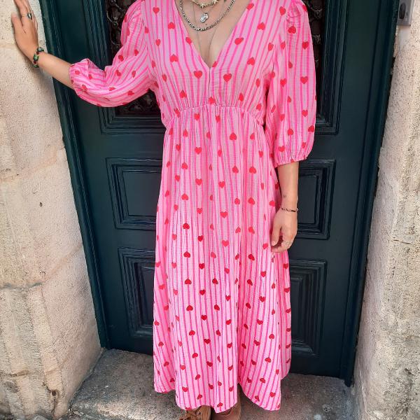 Robe longue rayée rose cœurs rouges gaze de coton