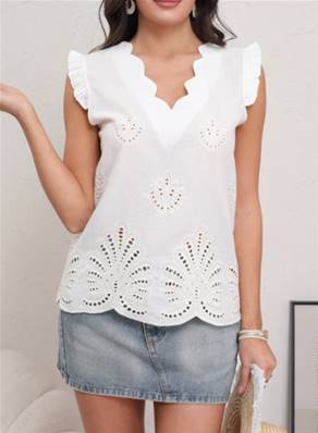 Haut sans manche blanc brodé motifs floraux ajourés
