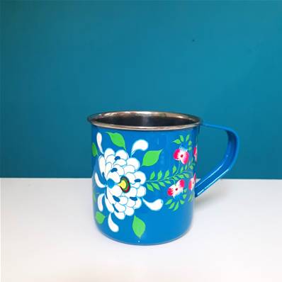 Mug indien peint à la main bleu grandes fleurs GM
