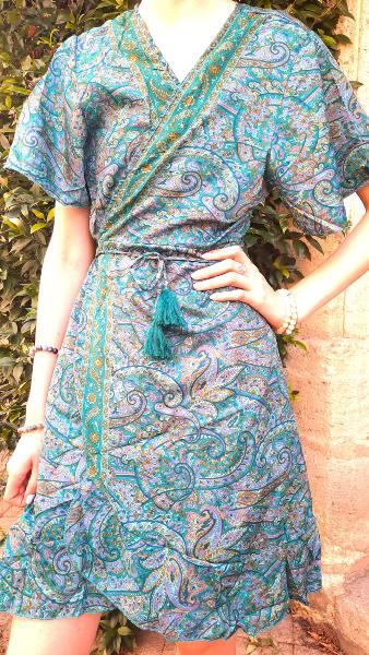 Robe cache cœur courte BLEU motifs cachemire