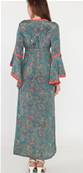 Robe longue en soie col v décolleté lacets bleu motifs cachemire