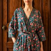 Kimono Indien Artisanal Coton turquoise tulipe roses