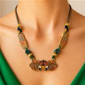 Collier chinois cordon en metal et email bleu