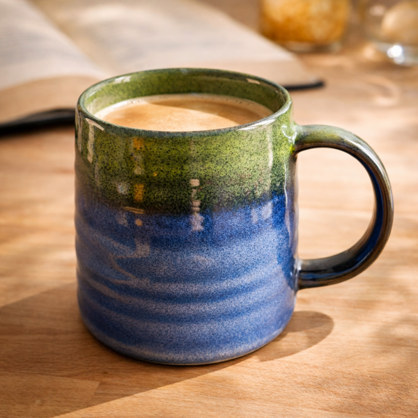 Tasse évasée bicolore bleue et verte en émail réactif 40 cl