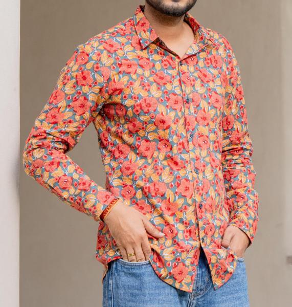 Chemise homme manche longue fleurs orange 100% coton – S