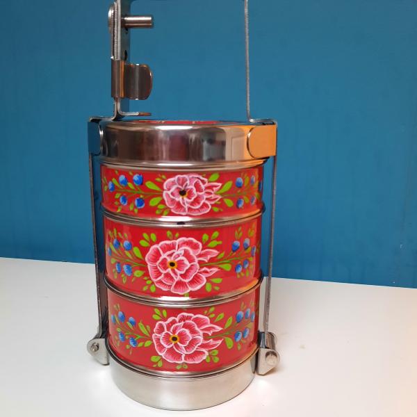 Lunch box 3 étages rouge, peinte à la main artisanat indien