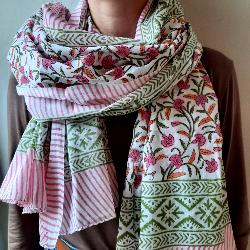 Etole, �charpe, par�o coton imprim� fleurs rouges block print 8