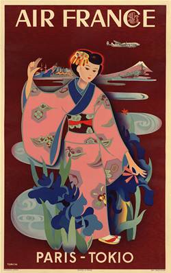 Affiche vintage déco de collection Air France Paris Tokio Japon 50x70cm