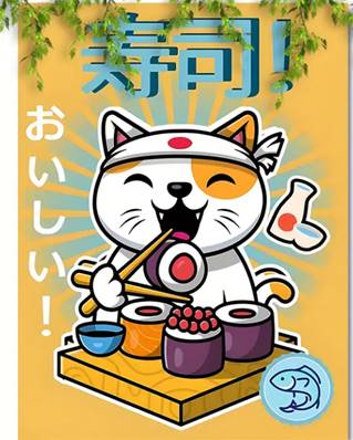 Affiche Chat qui mange des sushis 30cm x 40 cm