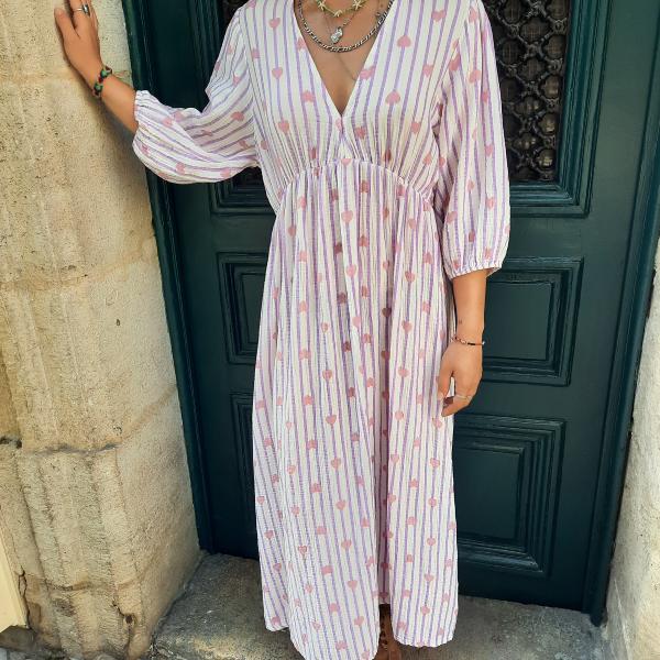 Robe longue blanche rayée orange cœurs roses, en gaze de coton