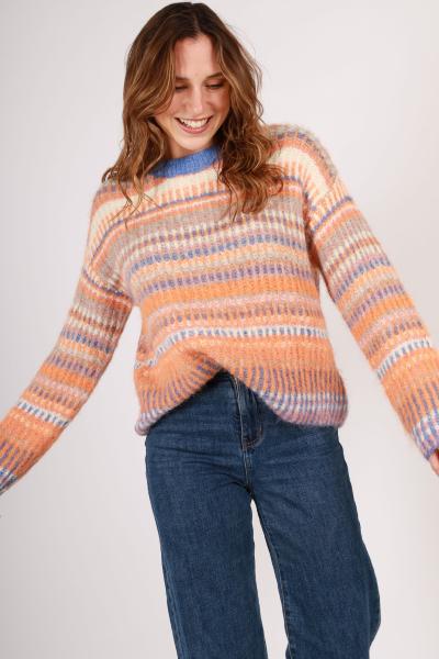 Pull col rond pastel rayé turquoise et rose – Taille unique