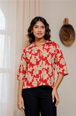 Chemisier rouge à fleurs beiges JUN