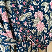 Kimono Indien Artisanal Coton bleu nuit pivoines roses