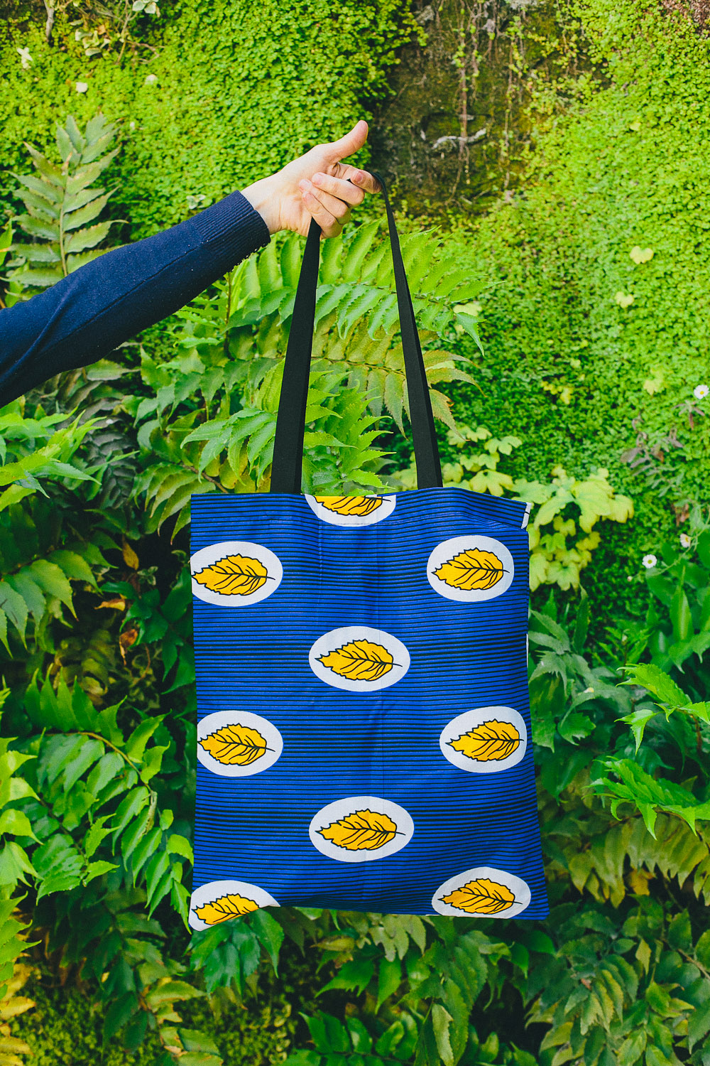 Sac Tote BAG en tissus africain WAX, bleu feuilles jaunes