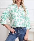 Chemise viscose et lin, motifs palmiers verts