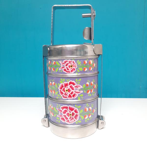 Lunch box 3 étages mauve , peinte à la main artisanat indien