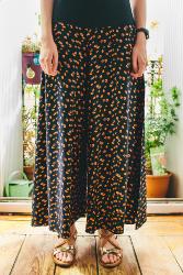 Pantalon large taille unique motif Fleurs orange sur fond bleu