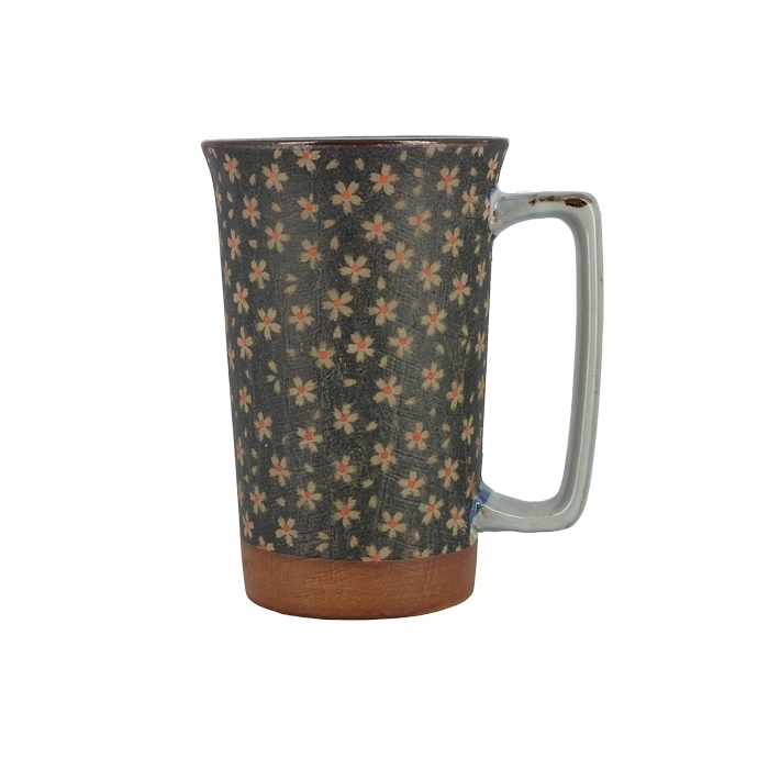 Mug japonais grand ocre noir et petites fleurs